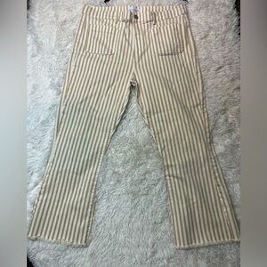 Loft High Waist Flare Crop Stripe Tan & White Denim Pants  Raw Hem Size32/ 14 US